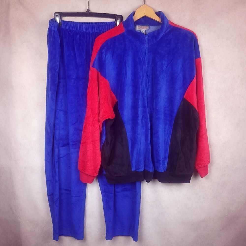 Vintage Liz Baker Colorblock Blue Red Black Velure Track Suit Size 3X